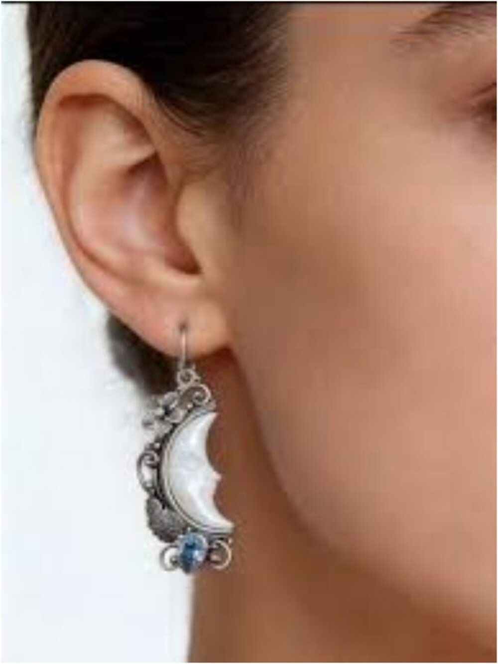 Celestial Man-In-the-Moon Earrings in Aged Silvery Alloy Blue Topaz Rhinestone